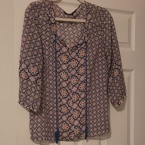 Zac & Rachel Cream Blouse with Navy and Tan Geometric Print